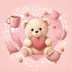 Whimsical Valentine&rsquo;s Day Illustration with Teddy Bear and Soft Pink Decor 