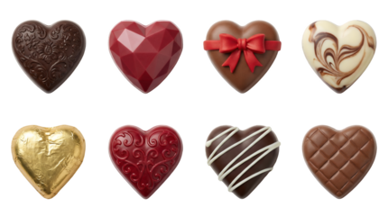 Heart shaped chocolate set including dark, faceted, ribbon, marble, gold foil, and filigree variants isolated. Valentines Day and gourmet candy collection.