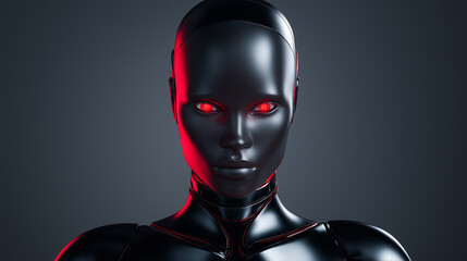 Dark futuristic portrait of a humanoid android with glowing red eyes against a black background.