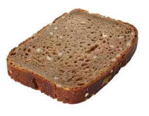 A slice of dense, whole grain bread with a rich brown color and visible seeds, showcasing its hearty texture.