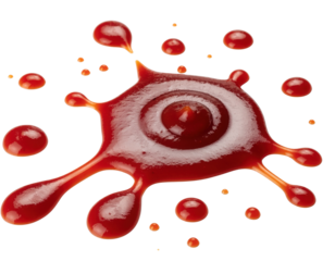 A vibrant splash of ketchup with droplets scattered around, showcasing its rich red hue and glossy texture.