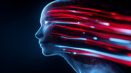 Abstract digital human face with motion streaks, symbolizing speed, data flow, and advanced artificial intelligence processing.
