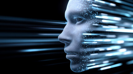 Abstract digital human face with motion streaks, symbolizing speed, data flow, and advanced artificial intelligence processing.
