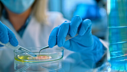 A scientist in a lab coat and blue gloves uses a pipette to transfer liquid into a petri dish, highlighting precision in medical research. The sterile environment emphasizes meticulous scientific.