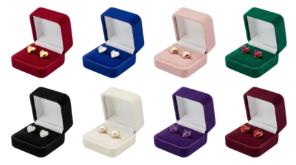 Heart earrings set including gold, silver, rose gold, emerald, diamond, pearl, amethyst, and ruby variants isolated. Jewelry and luxury gift collection.