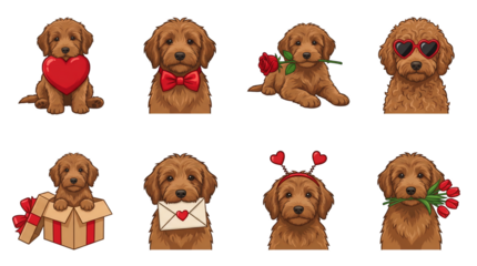 Goldendoodle puppy set including dog holding heart, rose, envelope, and flowers isolated. Valentines day and romantic animal illustration collection.
