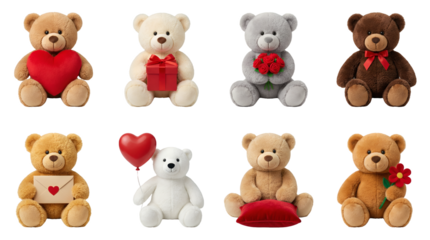 Teddy bear set including plush toys with heart, gift box, roses, ribbon, envelope, balloon, pillow, and flower isolated. Valentines day and romantic gift collection.