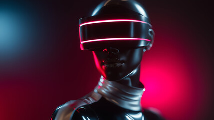 Humanoid robot wearing virtual reality headset representing immersive artificial intelligence experience.
