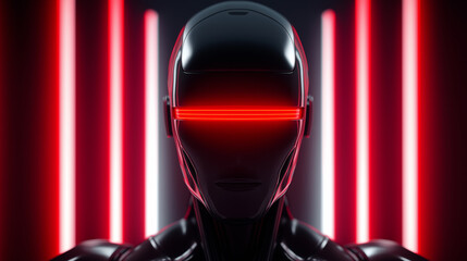 Humanoid robot with glowing red visor in a futuristic corridor, symbolizing artificial intelligence, surveillance, and advanced technology control.

