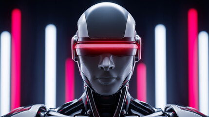 Humanoid robot with glowing red visor in a futuristic corridor, symbolizing artificial intelligence, surveillance, and advanced technology control.
