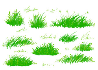 Vibrant green leaves, grass, and lawn hand-drawn illustration. Minimalist botanical art.　鮮やかな緑の葉と草と芝生の手書きイラスト