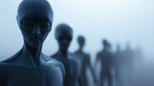 Group of alien humanoid figures standing in formation, symbolizing extraterrestrial life, science fiction, and unknown future civilizations.
