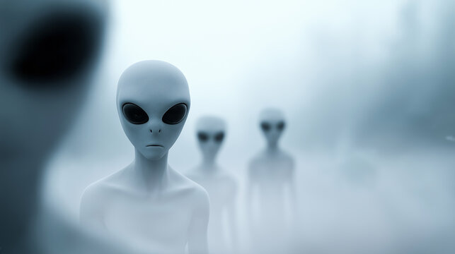 Mysterious group of alien humanoid figures emerging from dense fog, symbolizing extraterrestrial life, uncertainty, and science fiction atmosphere.
