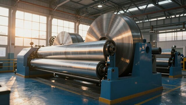 Metal rollers in industrial factory