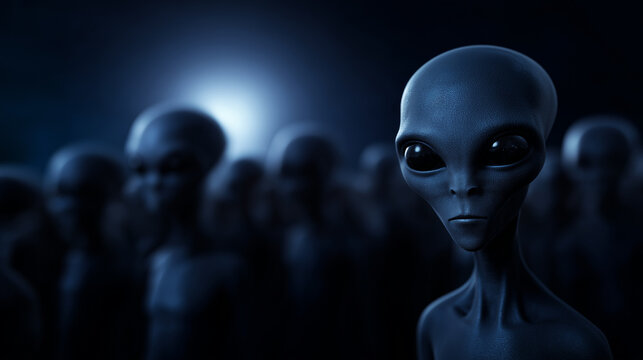 Group of alien humanoid figures standing in formation, symbolizing extraterrestrial life, science fiction, and unknown future civilizations.
