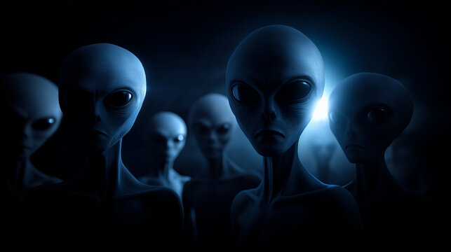 Group of alien humanoid figures standing in formation, symbolizing extraterrestrial life, science fiction, and unknown future civilizations.
