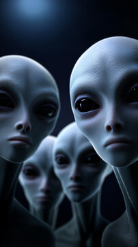 Mysterious group of alien humanoid figures emerging from dense fog, symbolizing extraterrestrial life, uncertainty, and science fiction atmosphere.
