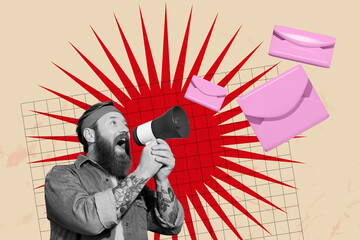 Trend design 3D collage sketch of young man hand hold speech loudspeaker talk attention propaganda mail network paper media newsletter sms