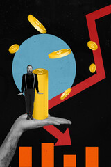 Zine pop image banner 3d photo collage of astonished businessman stand hand palm coin reduction...