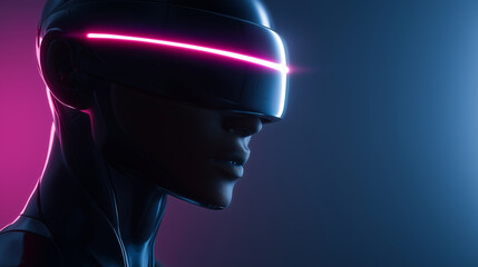 Futuristic humanoid figure with glowing visor helmet, representing artificial intelligence, virtual reality, and cyberpunk aesthetics.
