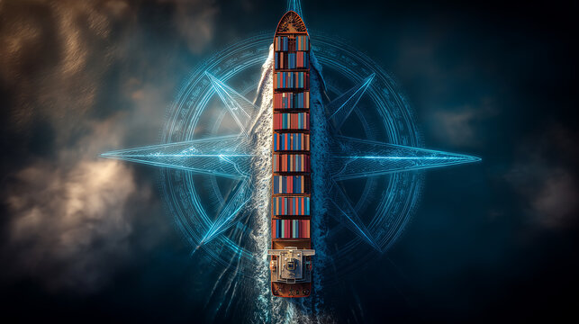 Futuristic cargo ship navigating over ocean with glowing digital compass rose overlay and colorful containers