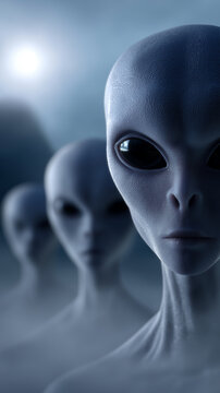 Group of alien humanoid figures standing in formation, symbolizing extraterrestrial life, science fiction, and unknown future civilizations.
