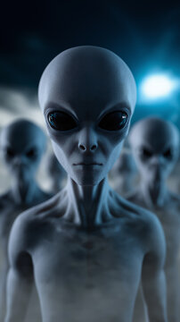Group of alien humanoid figures standing in formation, symbolizing extraterrestrial life, science fiction, and unknown future civilizations.
