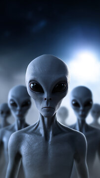 Group of alien humanoid figures standing in formation, symbolizing extraterrestrial life, science fiction, and unknown future civilizations.
