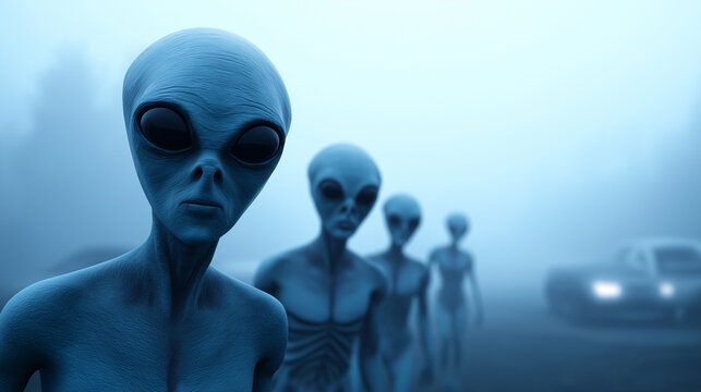 Group of alien humanoid figures standing in formation, symbolizing extraterrestrial life, science fiction, and unknown future civilizations.
