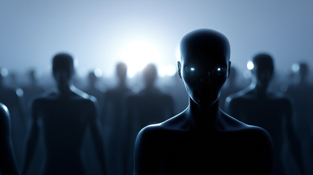 Group of alien humanoid figures standing in formation, symbolizing extraterrestrial life, science fiction, and unknown future civilizations.

