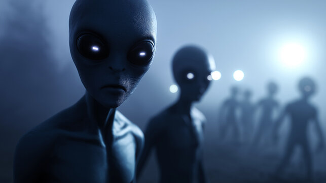 Group of alien humanoid figures standing in formation, symbolizing extraterrestrial life, science fiction, and unknown future civilizations.
