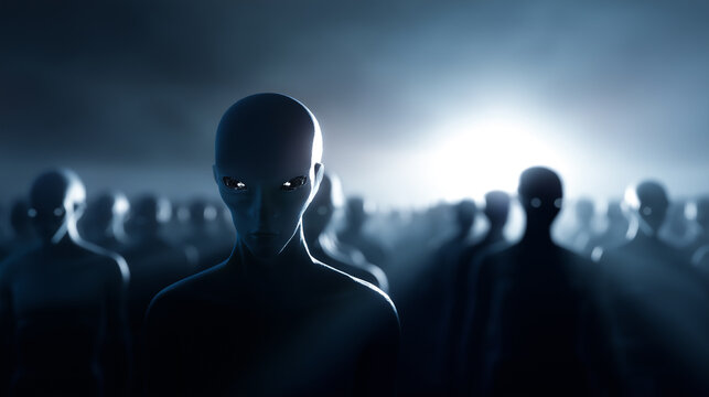 Group of alien humanoid figures standing in formation, symbolizing extraterrestrial life, science fiction, and unknown future civilizations.

