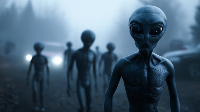 Group of alien humanoid figures standing in formation, symbolizing extraterrestrial life, science fiction, and unknown future civilizations.
