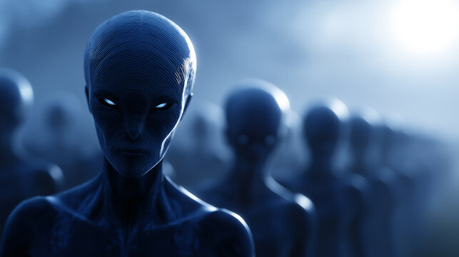 Group of alien humanoid figures standing in formation, symbolizing extraterrestrial life, science fiction, and unknown future civilizations.

