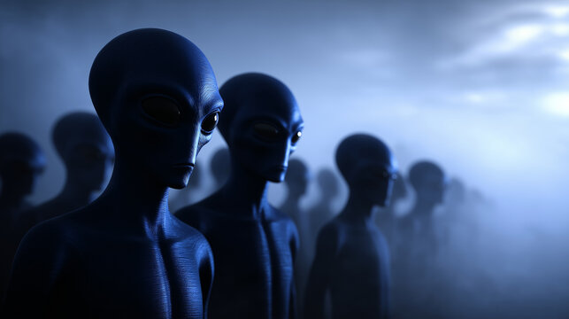 Group of alien humanoid figures standing in formation, symbolizing extraterrestrial life, science fiction, and unknown future civilizations.
