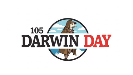 Darwin Day 105 logo with a detective character celebrating science and evolution perfect for educational or event graphics
