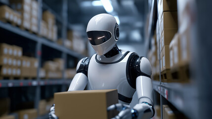 Humanoid robot working in a warehouse handling packages representing artificial intelligence in logistics operations.
