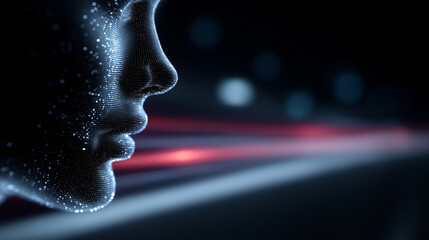 Human face with digital particles and light streaks representing artificial intelligence and biometric data processing.
