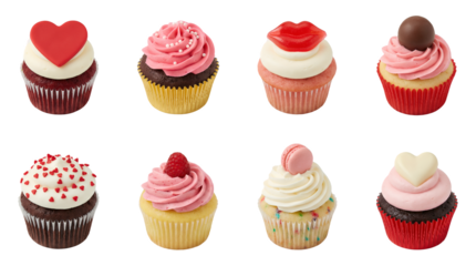 Valentine's Day cupcake set including red velvet, chocolate, vanilla, and strawberry flavors with heart and lip toppings isolated. Sweet dessert and bakery collection.