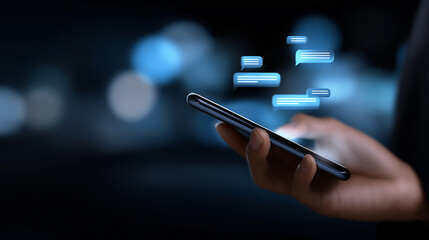Person using a smartphone with glowing notification icons, symbolizing digital communication, messaging, and mobile technology.