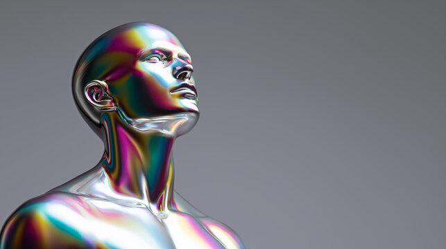 Futuristic humanoid head with iridescent metallic surface, symbolizing artificial intelligence, digital identity, and AI-generated art.
 - Powered by Adobe
