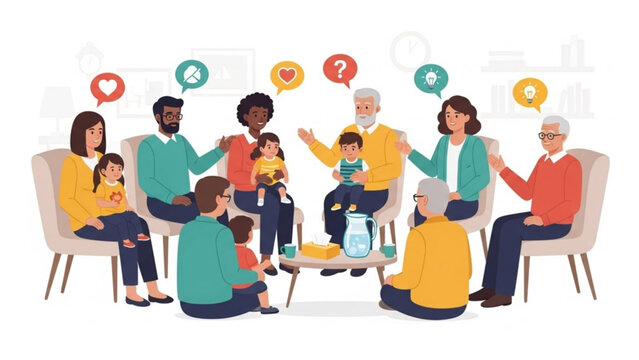 Diverse family members in a group discussion sharing ideas and emotions with speech bubbles flat vector illustration for comm