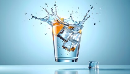 floating glass of water with ice cubes and orange slice splash on blue background