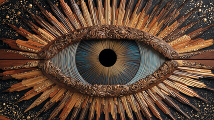 漆と木工の質感で仕上げた中央の目モチーフ装飾図案