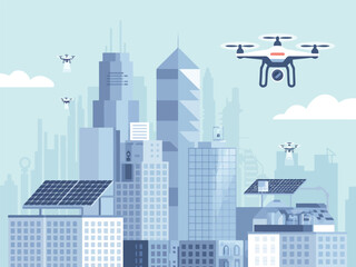 Fototapeta premium Drones flying over a futuristic city with solar panels on the buildings