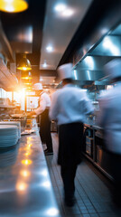 Busy professional kitchen with chefs in motion, representing teamwork, speed, and high-pressure restaurant work environment.
