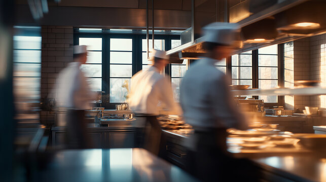 Busy professional kitchen with chefs in motion, representing teamwork, speed, and high-pressure restaurant work environment.
