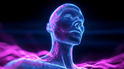 Digital human face with flowing neon energy waves, symbolizing artificial intelligence, data processing, and futuristic human–machine interaction.
