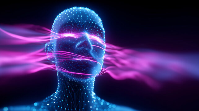 Digital human face with flowing neon energy waves, symbolizing artificial intelligence, data processing, and futuristic human–machine interaction.
- Powered by Adobe