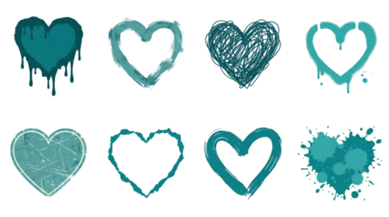 Teal heart set including dripping, sketched, scribbled, spray paint, distressed, and ink splash styles isolated. Creative romantic design elements.